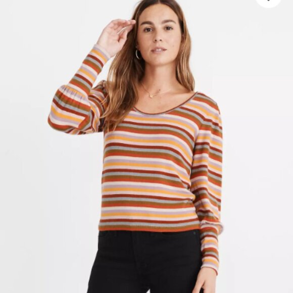 Madewell Striped Puff-Sleeve Scoopneck Top Women's Large - Picture 1 of 8